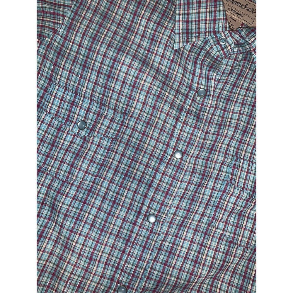 Women's L Blue Pink Sparkle plaid Wrancher Wrangler Short Sleeve Pearl Snap - Picture 10 of 16